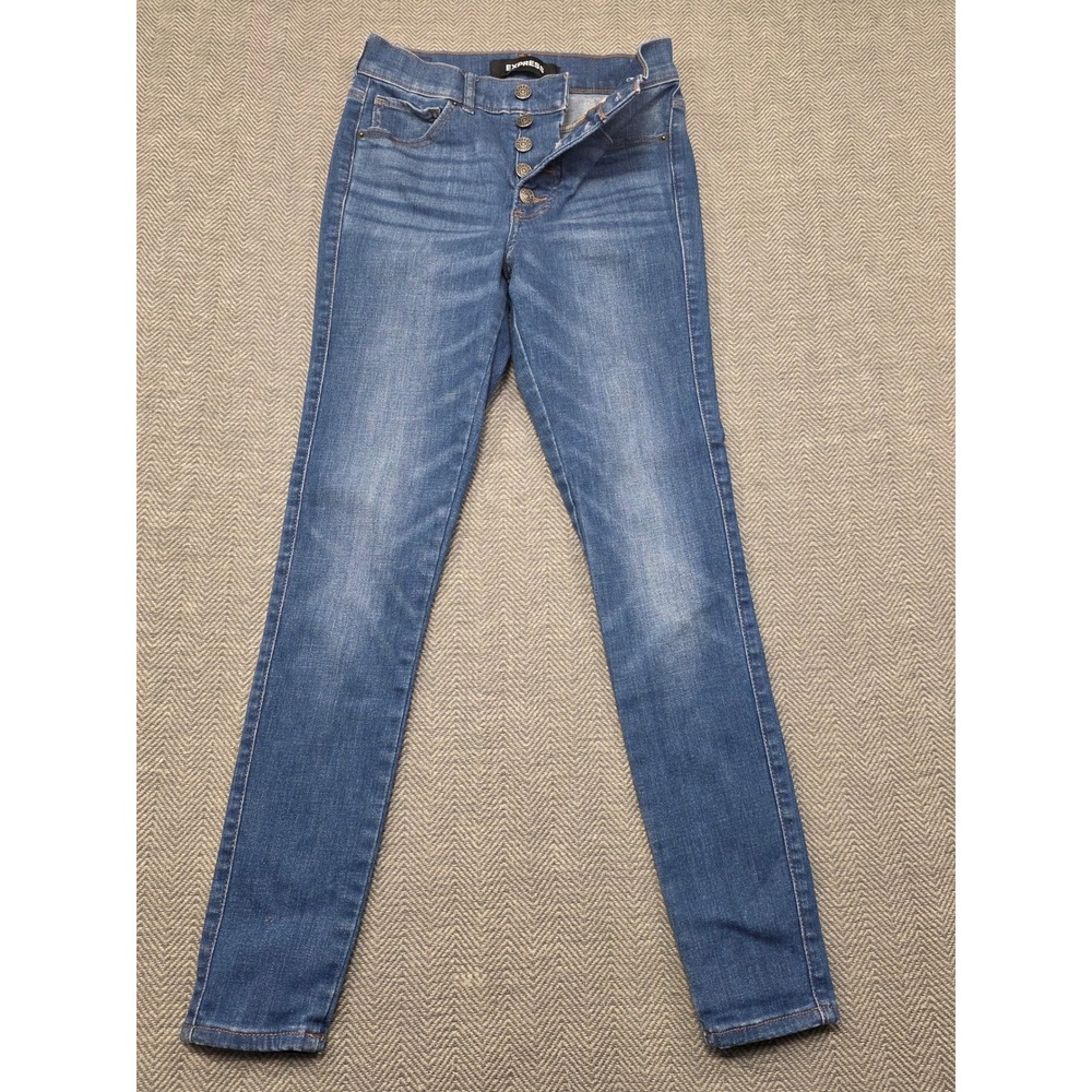 Express High Rise Ankle Legging Jeans Medium Wash Button Fly Hyper Stretch 2R